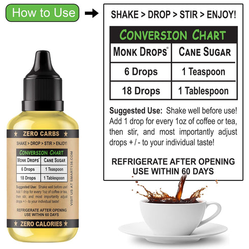 Monk Drops - 100% Monkfruit Liquid Sweetener, Zero Glycemic, Zero Calories, Zero Sugar, No Added Water, Concentrated Monk Fruit (350 Servings, 1.5...