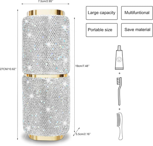 Bling Rhinestone Toothbrush Travel Case,Portable Diamond Travel Toothbrush Holder for Traveling,Camping,Home,Business,Women Large Capacity Multifu...