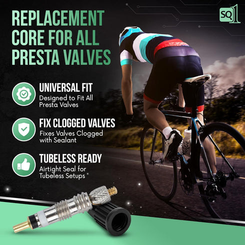 Square1 Presta Valve Core Kit -10 Universally Compatible Presta Valve Cores, 1 Presta Valve Core Removal Tool & 10 Presta Valve Core Caps - Presta...
