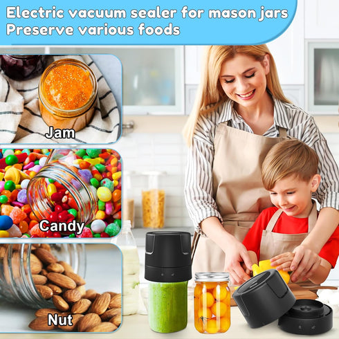 Electric Mason Jar Vacuum Sealer - 85kPa Strong Suction Vacuum Sealing Machine with Regular and Wide Mouth Mason Jar Lids - Silent Rechargeable Po...