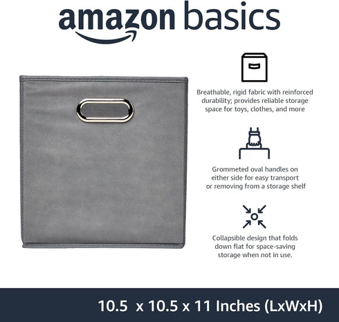 Amazon Basics Collapsible Fabric Storage Cubes with Oval Grommets - 6-Pack, Light Grey, 10.5 x 10.5 x 11 inches...