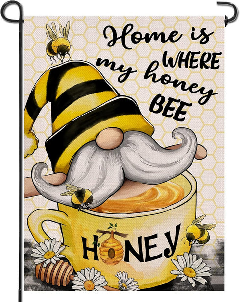Home is Where My Honey Bumble Bee Gnome Decorative Garden Flag, House Yard Spring Summer Outside Decor, Outdoor Small Burlap Decoration Double Sid...