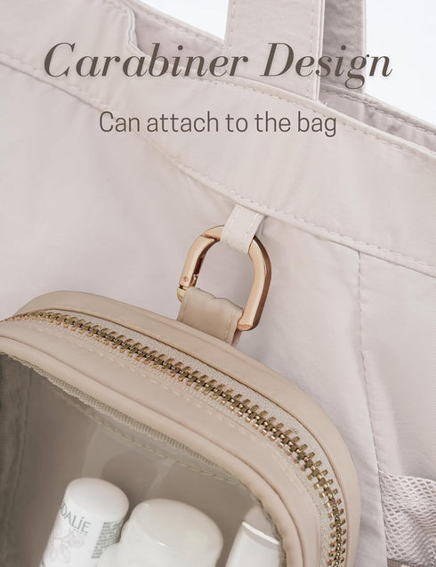 Mini Sandy Clear Makeup Bag Transparent Toiletry Bags with Carabiner Attachable Pouch Cute Cosmetic Bag with Interior Pocket and ring Makeup Organ...