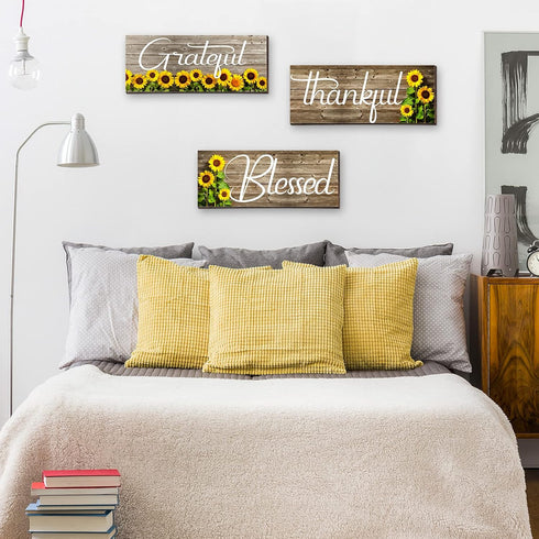 Nuanchu 3 Pcs Sunflower Thankful Grateful Blessed Wall Decor Art Signs Wooden Hanging Wall Plaques Sunflowers Prints Decor for Thanksgiving Bathro...