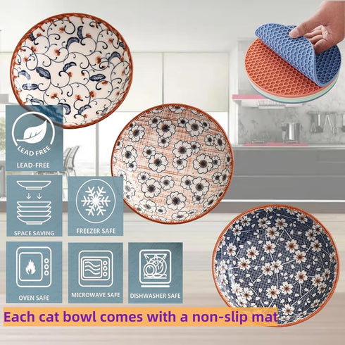 Cat Food Bowls, Whisker Fatigue Cat Bowl, 5.5 Inches Ceramic Kitten Bowl Set of 3, Small Cat Dishes for Indoor Cats, Shallow Cat Plates for Wet Fo...