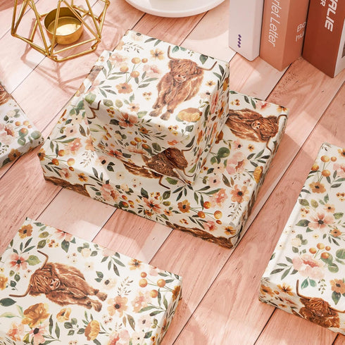 AnyDesign Boho Floral Highland Cow Tissue Paper 100 Sheet Watercolor Flower Art Tissue Farmhouse Cute Cow Wrapping Paper for DIY Crafts Gift Packi...
