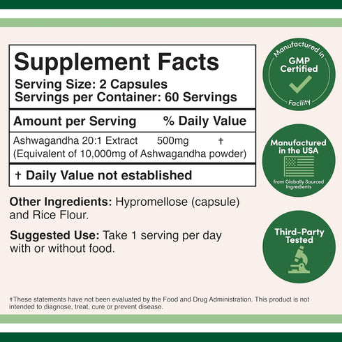 Ashwagandha Capsules, 120 Count (500mg Extract 20:1 Potency, Equivalent to 10,000mg Powder) Adaptogen Stress Relief by Double Wood...