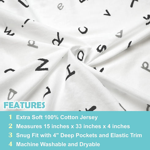 American Baby Company 15" x 33" Fitted Bassinet Sheet, Printed 100% Natural Cotton Jersey Knit, Alphabet, Soft Breathable, for Boys and Girls (Pac...