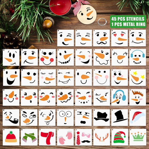 45 Pcs Christmas Snowman Face Stencils, 3 Inch Small Christmas Stencil Reusable Plastic Drawing Templates Craft Kits for Painting on Wood Cookie G...