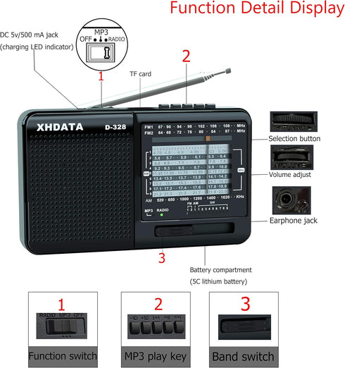 D-328 Shortwave AM FM DSP Portable Small Multi Band Radio Stereo MP3 Player with Rechargeable Battery Earphone Jack Portable Multimedia Speaker wi...