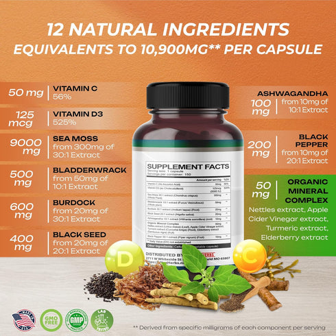 Organic Sea Moss Capsules 12,900mg with Black Seed Oil, Ashwagandha, Burdock Root, Bladderwrack for Immune System, Gut, Skin & Energy *USA made & ...