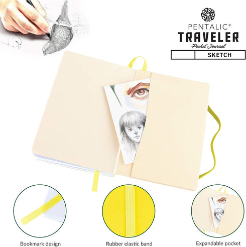 Pentalic 3" x 4" Pocket Sketchbook Traveler Journal, 160 Pages, Citrine Yellow...