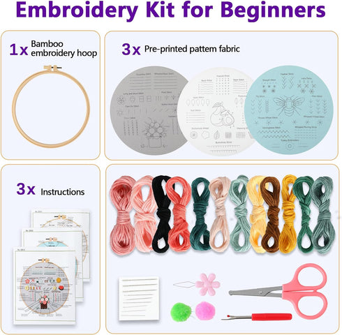 Embroidery Kit for Beginners Adults: 3 Embroidery Kit, Includes Stamped Patterns, Hoop, Needles and Color Threads, Full Range Accessories, Cross S...