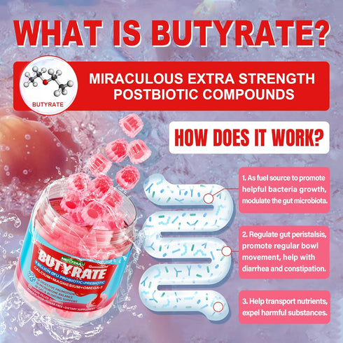 Butyrate Gummies with Probiotic + Prebiotic + Postbiotic - 9 Billion CFU Probiotics with Fiber, Calcium & Magnesium, Omega-3, Inulin, Psyllium Hus...