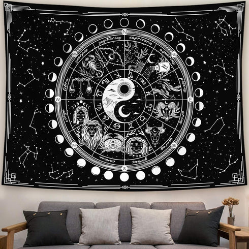 Twelve Constellation Tapestry,Black and White ?Sun and Moon ?Yin and Yang Tapestry Mystic Wall Hanging Tapestry for Home Decor (35"x47")...