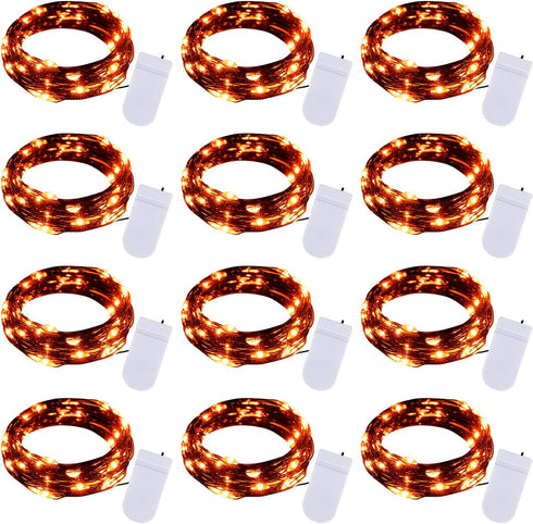 Halloween Orange Fairy String Lights: 12 Pack 7 Ft 20 LED Battery Operated Firefly Lights on Black Wire Starry Moon Lights for DIY Party Bedroom P...