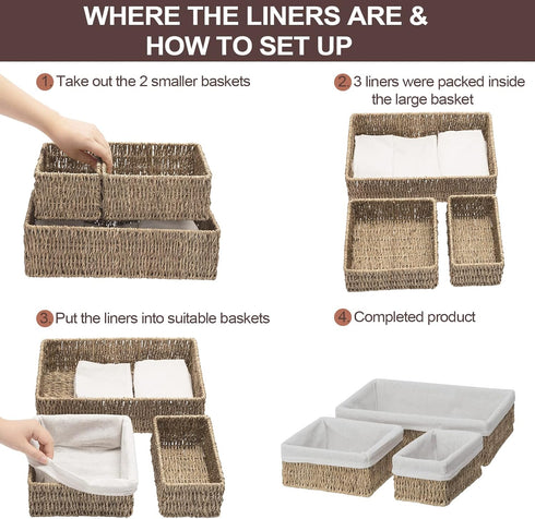 FairyHaus Seagrass Storage Baskets with Liner, Natural Small Seagrass Baskets, Hand-woven Nesting Wicker Baskets Set for Shelves Rectangle 3Pack (...