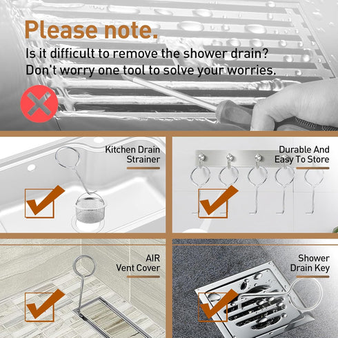 Drain Key Lifting Hooks - 5 Pack 304 Stainless Steel Drain Grate Puller Lift Out Key for Easy Shower Drain Cleaning, Silver...