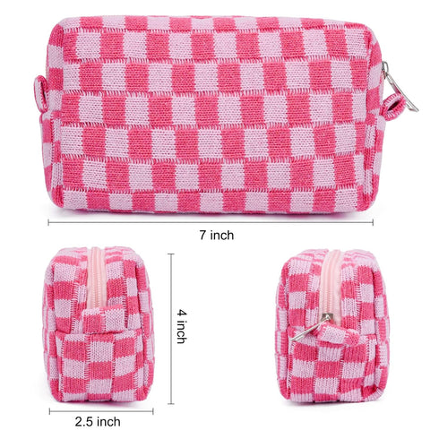 2 Pieces Makeup Bag Pouch Checkered Cosmetic Bag Pink Green, Travel Toiletry Bag Organizer Cute Makeup Brushes Storage Bag for Women...