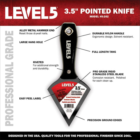 3.5" Pointed Stainless Steel Joint Knife - LEVEL5 | Metal Hammer End | Pro-Grade Finishing Tools | Drywall Wallboard Plasterboard Paint | 5-202...
