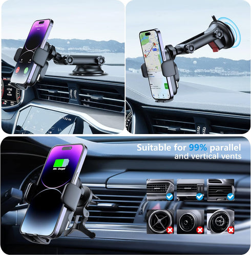15W Fast Wireless Car Charger Mount - Auto Alignment Clamping Wireless Car Phone Charger, Dashboard Windshield Wireless Charging Car Holder for iP...