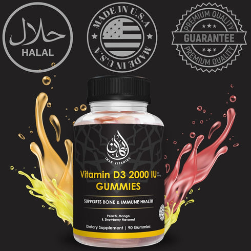 Halal Vitamin D3 Gummies for adult, men and women | 1000IU - 2000IU | Supports Bone, Immunity, and Heart Health | Vegetarian, Non-GMO, Gluten-Free...