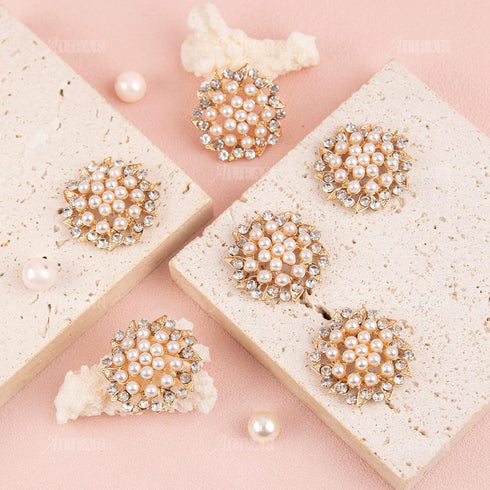 AUEAR, 15 Pack Gold Rhinestone Pearl Flower Buttons Pearl Flatback Crystal Button Embellishments for Jewelry Making Clothing DIY Craft...