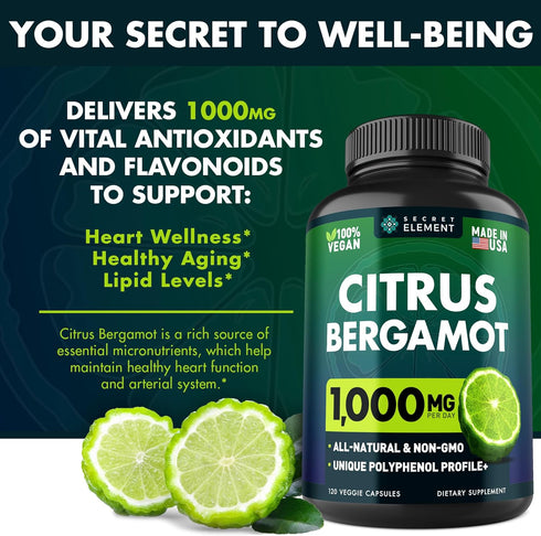Citrus Bergamot Extract 1000mg - Citrus Bergamot Supplement for Heart, Immune System Support, and Healthy Aging - Pure, Vegan Bergamot Capsules...