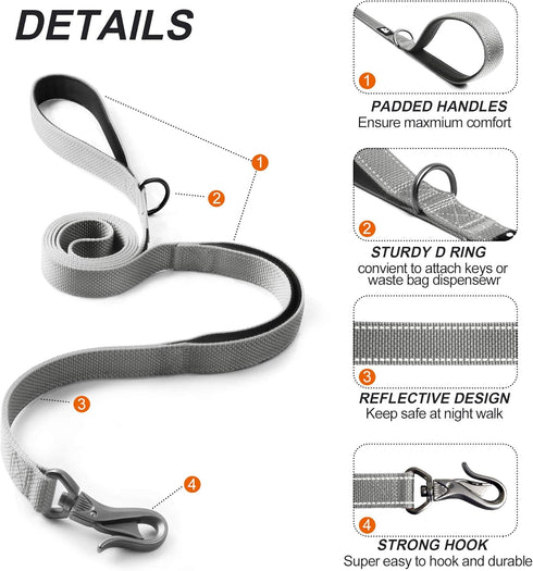 TwoEar 6FT 1IN Strong Gray Dog Leash with 2 Padded Handles, Traffic Handle Extra Control, Comfortable Soft Dual Handle, Auto Lock Hook, Reflective...