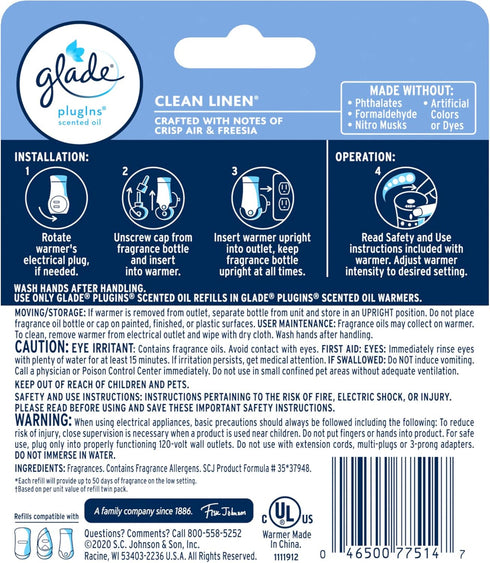 Glade PlugIns Refills Air Freshener Starter Kit, Scented Oil for Home and Bathroom, Clean Linen, 0.67 Fl Oz, 1 Warmer + 1 Refill...