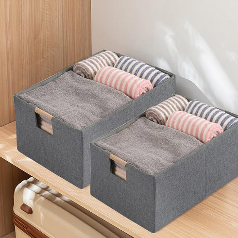 Fabric Storage Bin Box Foldable Cotton Linen Storage Basket with Wooden Handles Rectangular Cube Decorative Home Laundry Organizer Clothes Blanket...