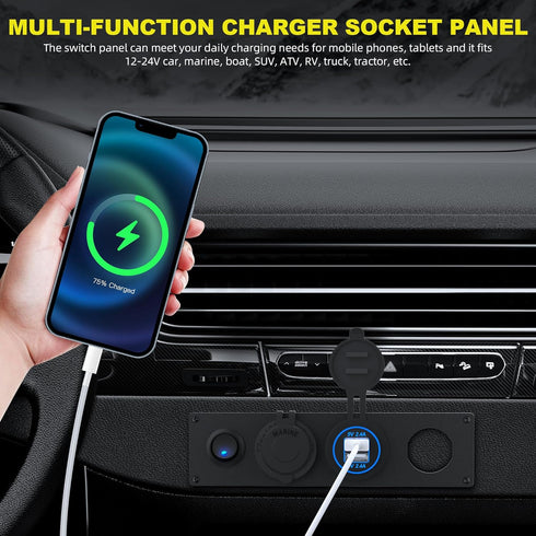 12V USB Outlet Socket Panel 12V DC 4.8A Dual USB Power Outlet & 12 Volt Cigarette Lighter Socket & Lighted ON/Off Rocker Toggle Switch for Marine ...