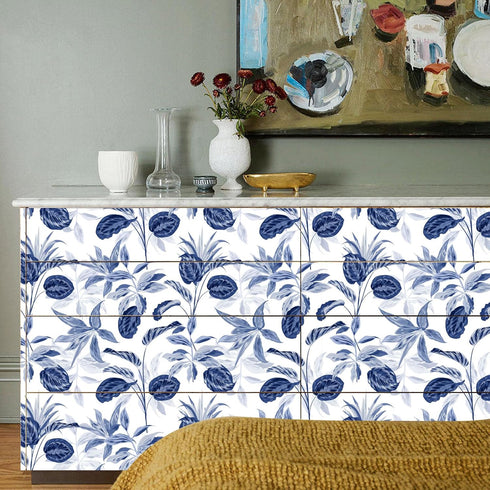 Palm Tree Leaf Navy Blue and White Floral Wallpaper Peel and Stick Tropical Wallpaper Jungle Contact Wall Paper Leaves Flower Watercolor Bathroom ...
