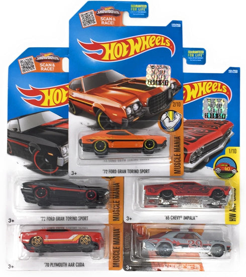 Hot Wheels Muscle Car Madness 5 Pack Random Diecast Bundle Set with Various Corvettes, Mustangs, Camaros, Chargers, GTO"s, Firebirds, Shelby, and ...