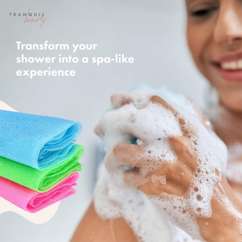 TranquilBeauty Exfoliating Towel Set of 3 - Soft, Quick-Dry Scrub Towels for Body (Not for Face) | Deep Cleanse | Machine Washable | Korean Exfoli...
