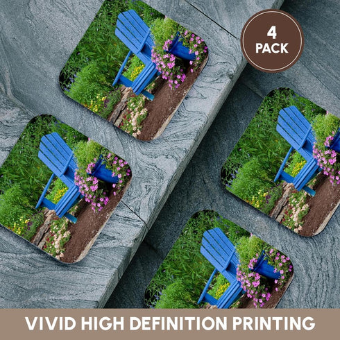 3D Rose Garden with Blue Adirondack Chair and Pot of Flowers Soft Coasters, Multicolor...