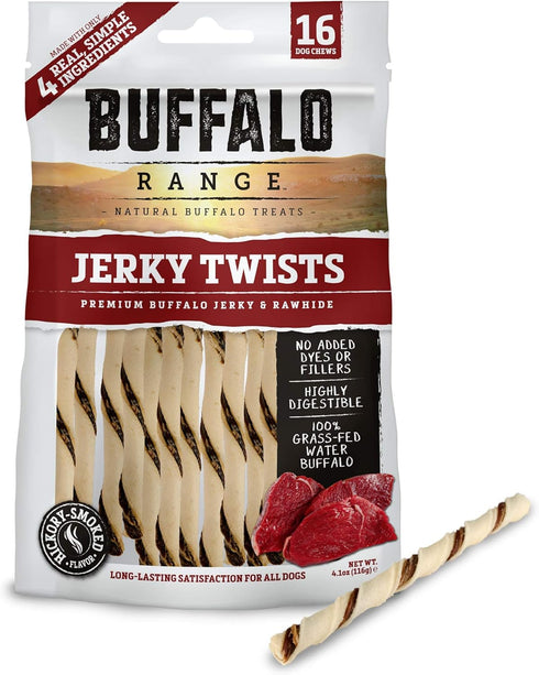 Rawhide Dog Treats | Healthy, Grass-Fed Buffalo Jerky Raw Hide Chews | Hickory Smoked Flavor | Jerky Twist, 16 Count...