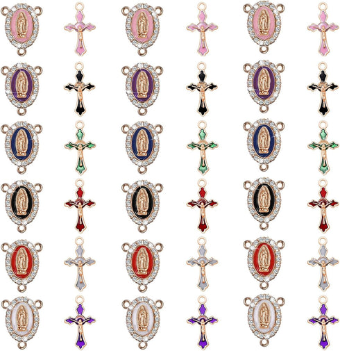 48Pcs/24Sets Rosary Making Kits Supplies Cross and Center Medal Charms Alloy Enamel Rhinestones Virgen de Guadalupe Charm Pendant for Diy Catholic...