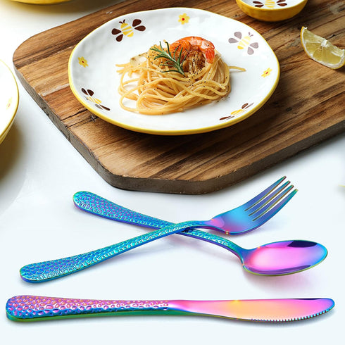 LIANYU 12-Piece Rainbow Kids Silverware Set, Stainless Steel Toddler Utensils, Hammered Preschooler Metal Flatware Cutlery Set, Children Tableware...