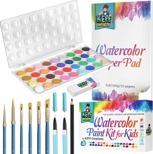 KEFF Watercolor Paint Set for Kids - 36 Water Colors Art Supplies Painting Kit with Brushes, Refillable Brush Color Pens, Paper Pad, Pencil and Er...