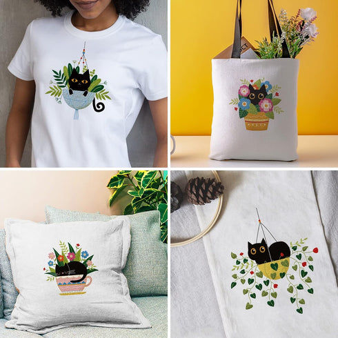 INFUNLY 4 Pack Embroidery Starter Kit Black Cat Cross Stitch Kit with Instructions DIY Beginner Plant Embroidery Set with Plastic Embroidery Hoops...