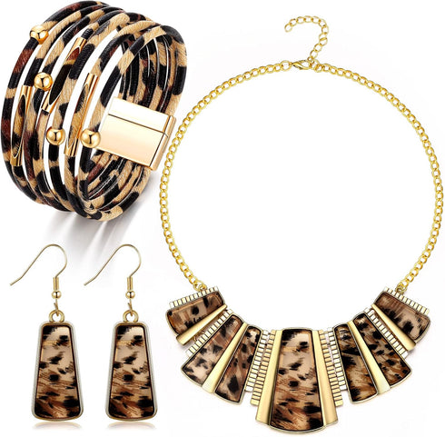 3 Pieces Leopard Necklace Earrings Bracelets Jewelry Set Women Bohemia Leopard Print Bib Chain Necklace Bracelet Print Jewelry Multi Layer PU Leat...