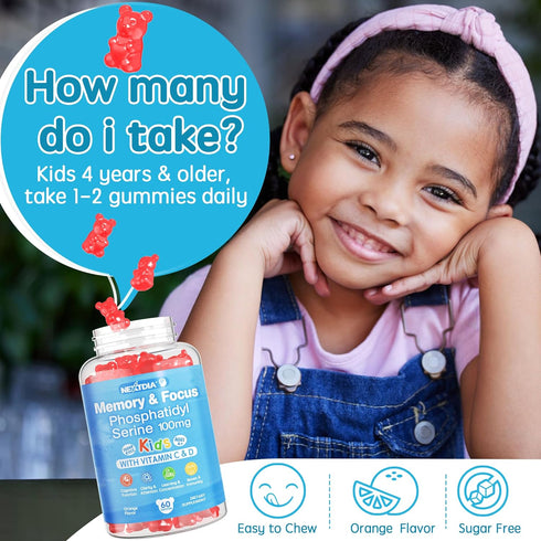 Sugar Free Phosphatidylserine Supplement 100mg, Kids Brain Gummies w/ Vitamin D3 400IU, Vitamin C for Focus & Memory, Concentration, Attention, Bo...