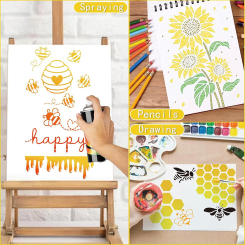 Bee Stencils for Painting on Wood Crafts Reusable A4 Honey Bee Honeycomb Stencil Art Paint on Wall Canvas Pattern Sunflower Paint Stencils for Car...