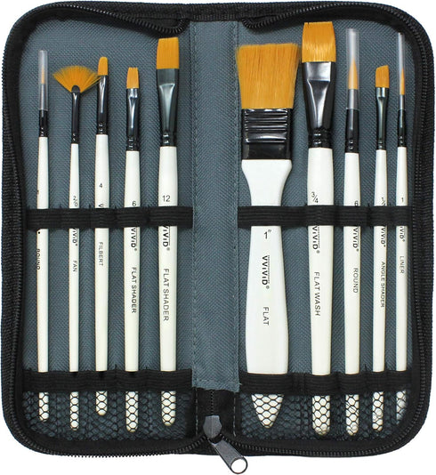 VViViD White Enamel Synthetic Red Sable 10 Assorted Short Handle Paint Brush Set Including Nylon Carrying Case...