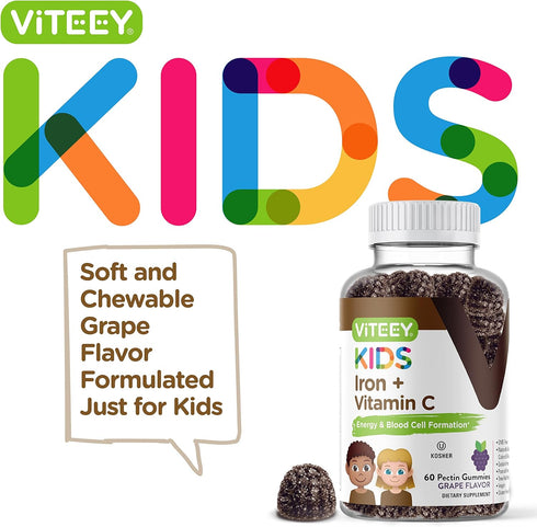 Iron Gummies for Kids with Vitamin C - Supports Energy, Blood Cell Formulation, Blood Builder Anemia Kids Iron Supplements - Vegan, Gelatin Free, ...