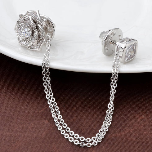 Silver Tone Crystal Rose Flower Brooches Pins with Chain Tassel Collar Lapel Pin Sweater Guard Clip Pin...