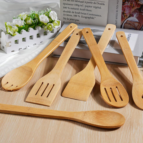 IOOLEEM Bamboo Wooden Spoons for Cooking 6 Pcs 12 Inch, Non-Stick Wooden Kitchen Utensils Set, Natural and Durable Wooden Spatula Spoons for Non-S...