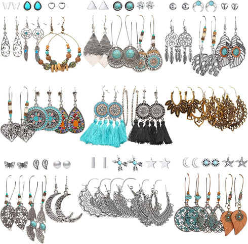 45 Pairs Vintage Silver Drop Dangle Earrings Set for Women Bohemian Bronze Waterdrop Leaf Earrings...