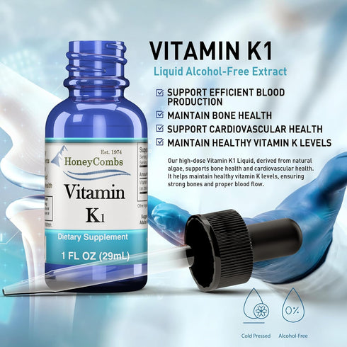 HoneyCombs Vitamin K1 Supplement Liquid Drops - High Potency Vitamin K1 Liquid Drops for Men & Women - Maintain Bone Health, Teeth, Skin and More ...